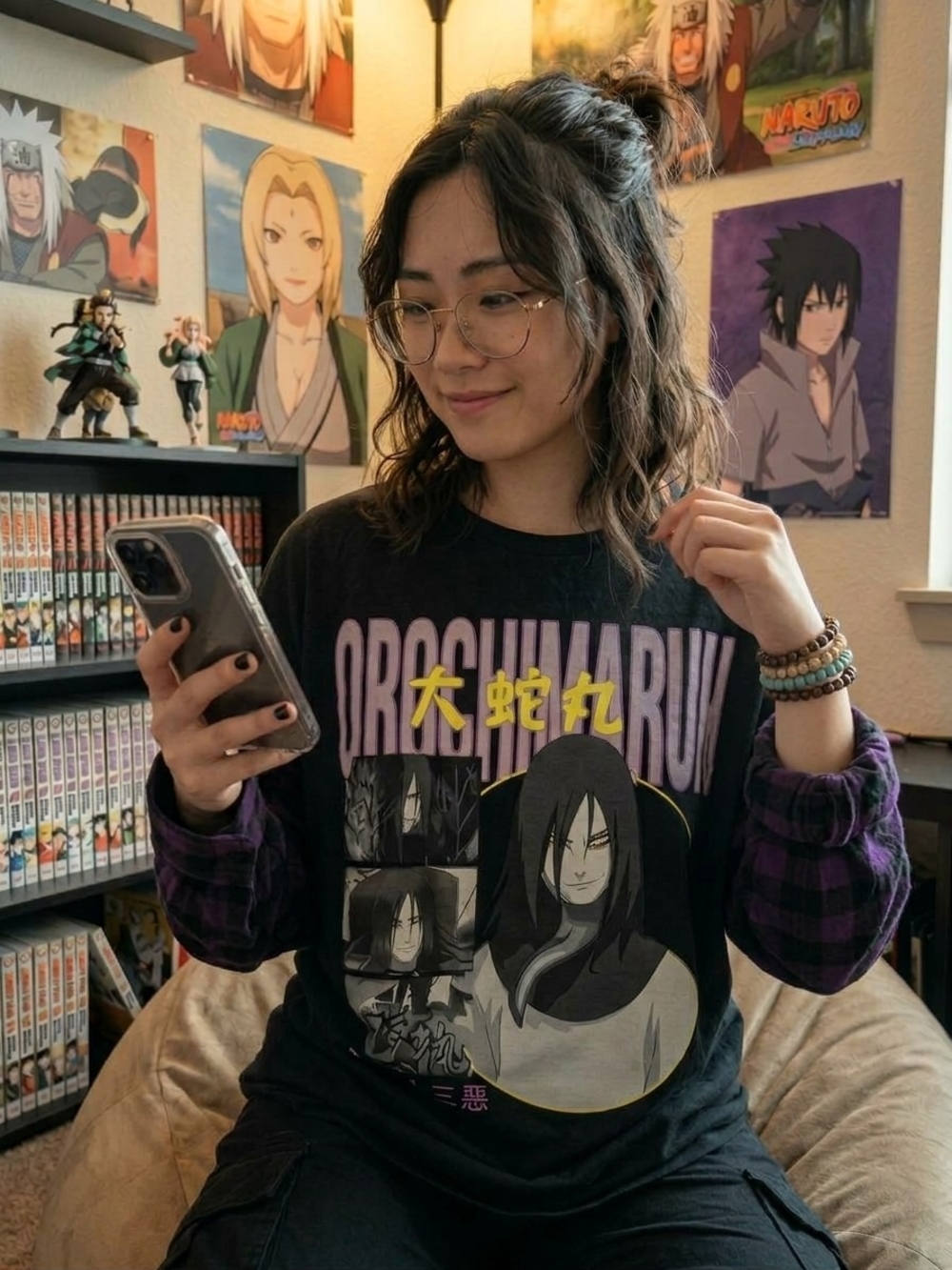 OOAK Custom Upcycled Naruto Orochimaru Plaid Flannel Graphic Tee Anime Purple